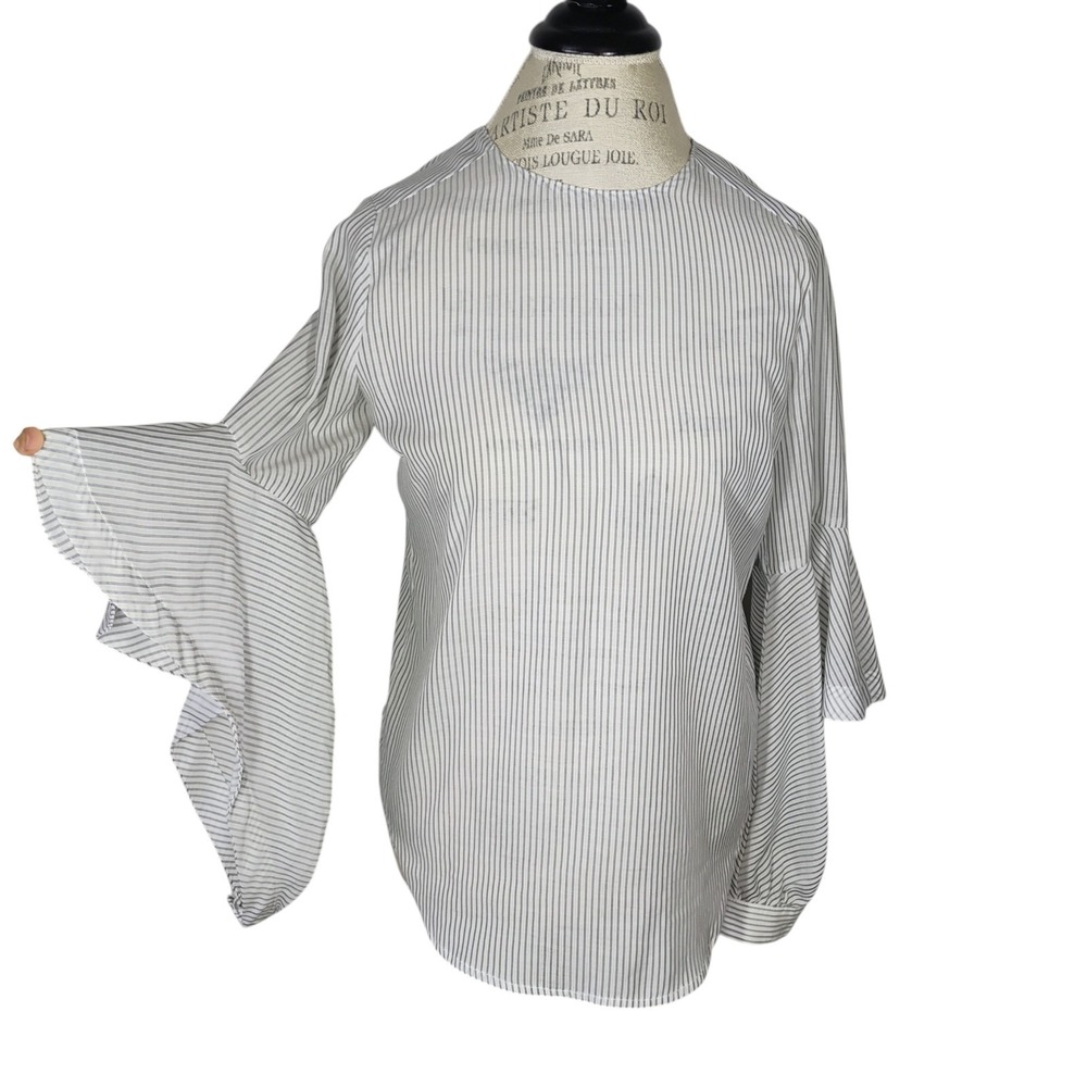 Modern Citizen Striped Work Blouse‎ Womens S White Gray Statement Sleeve Office